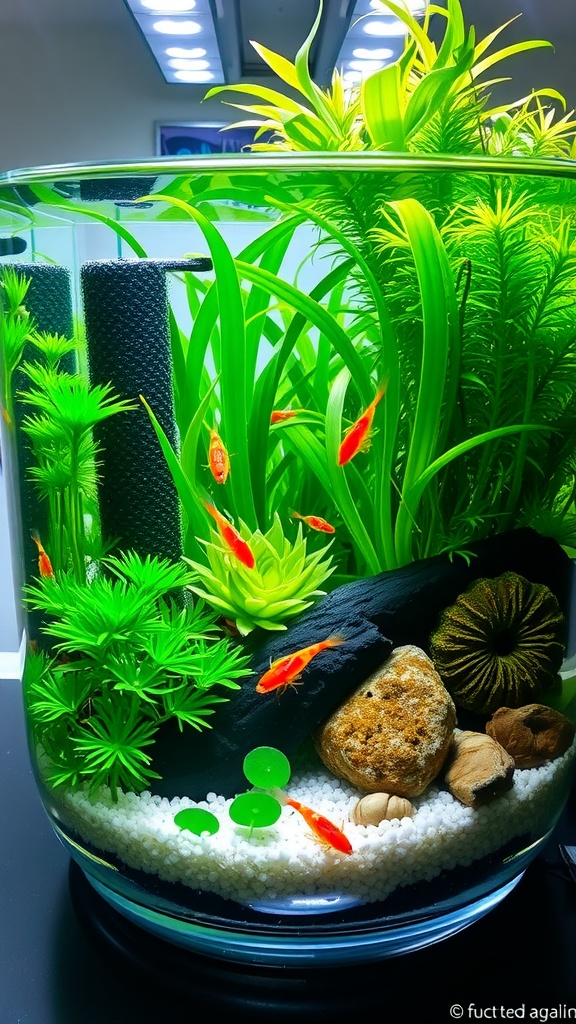 A vibrant 3-gallon shrimp tank with colorful shrimp, lush plants, and decorative elements under soft LED lighting.